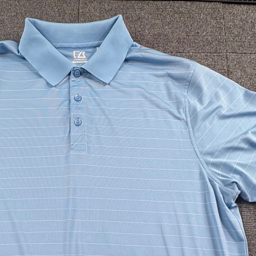 Cutter & Buck Mens XL CB DryTec Blue Striped Golf Polo Shirt Short Sleeve